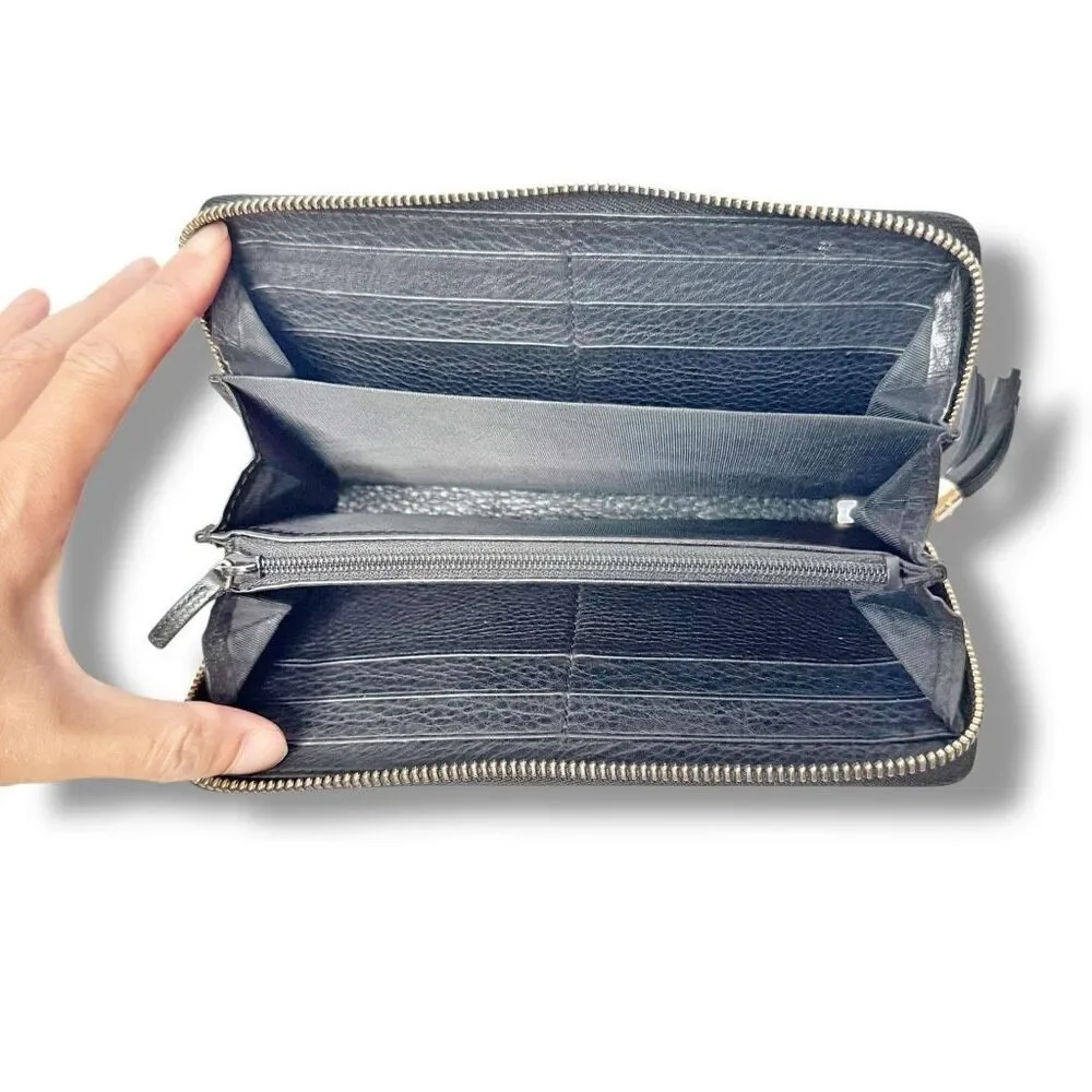 Gucci Soho Interlocking G Tassel Calfskin Leather Zip Around Long Wallet Black
